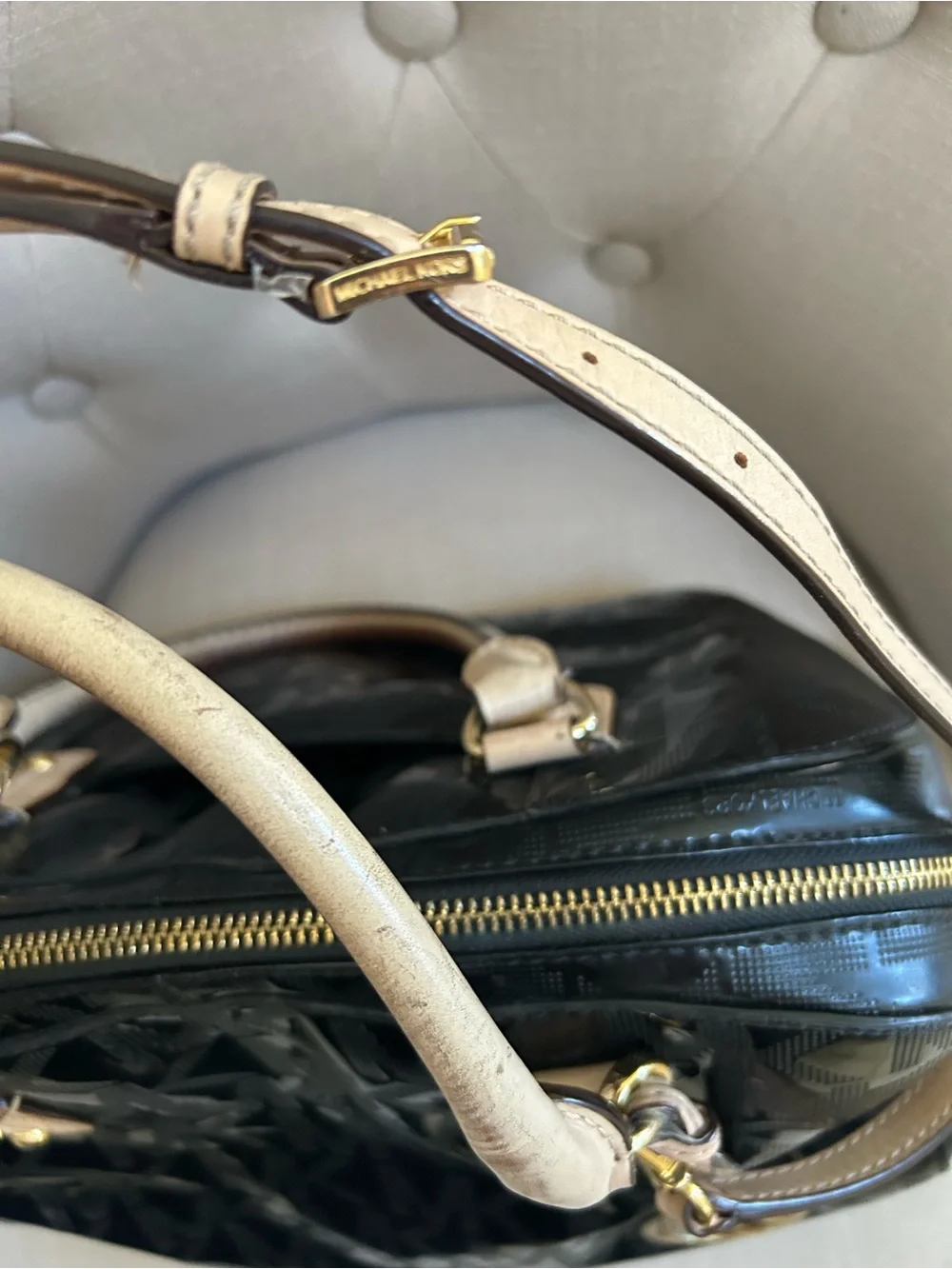 Michael Kors Black Patent Satchel with Beige Trim and MK Charm
